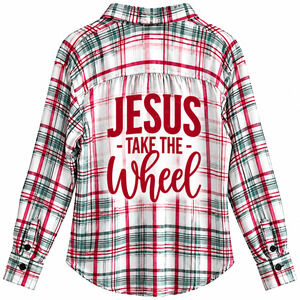 Jesus Take The Wheel Repurposed Christian Theme Plaid Shirt, XL